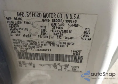 2003 Ford F-250 Xl/Xlt from USA, damaged, VIN 1FTNF21L13EA33279